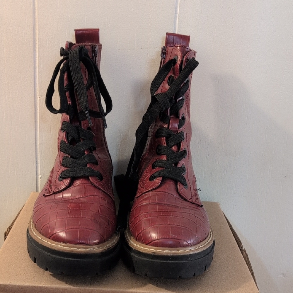 Sun + Stone Maroon Croc-Embossed Combat Boots